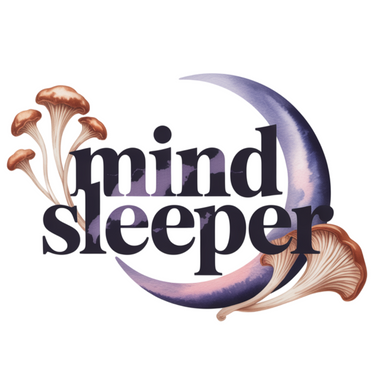 Logo with “mindsleeper” over a purple crescent moon and illustrated Lion’s Mane mushrooms. Text below: “Decaf Indonesian Dark Roast and Lion’s Mane Blend”—a decaf coffee crafted for cognitive support.